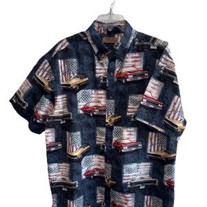 Morgan Creek Men's Vintage Muscle Car Patriotic USA Flags Button Down Size XL